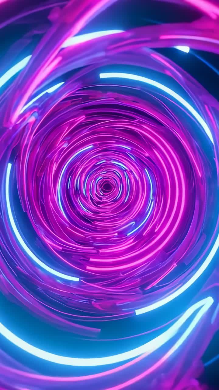 Vertical video: Rings rotating, camera entering tunnel, pink ribbons twisting, blue lights flashing