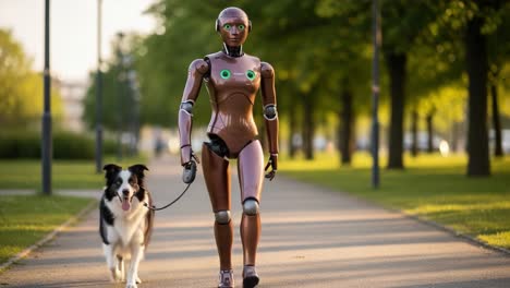a humanoid robot taking a leisurely walk with a dog in a green park, showcasing the intersection of technology and nature in a serene urban setting