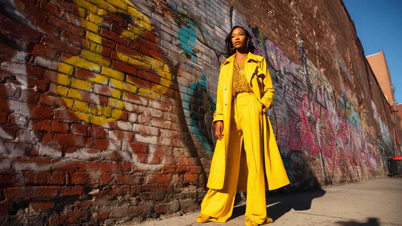 A confident individual dressed in a vibrant yellow ensemble stands against a textured brick wall adorned with colorful graffiti, showcasing a striking fashion statement in an urban setting