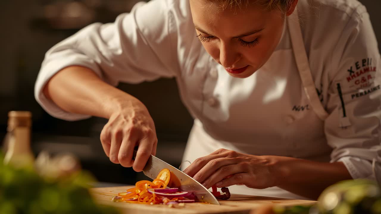 Slicing chef in white jacket and apron starting vegetable prep with chef's knife on cutting board