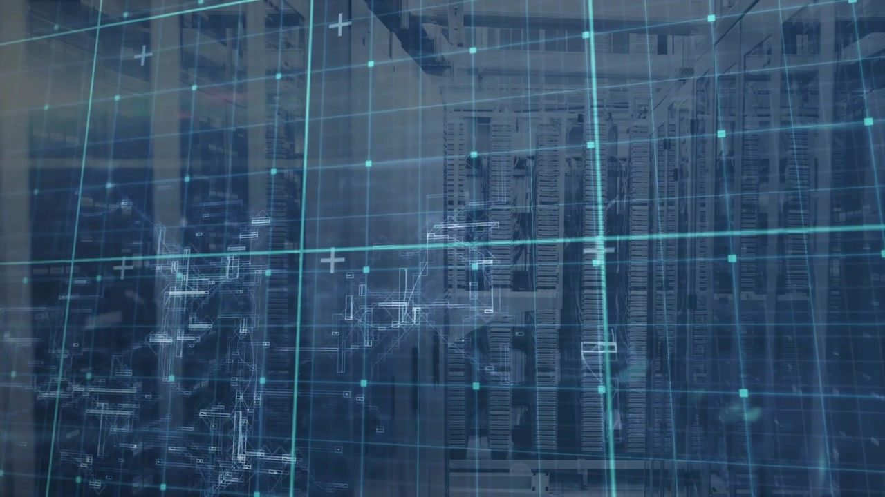Upon activation digital cyan grid scanning over server racks pulsing nodes mapping data flow paths
