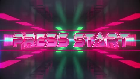 Animation-of-press-start-text-banner-against-neon-tunnel-in-seamless-pattern