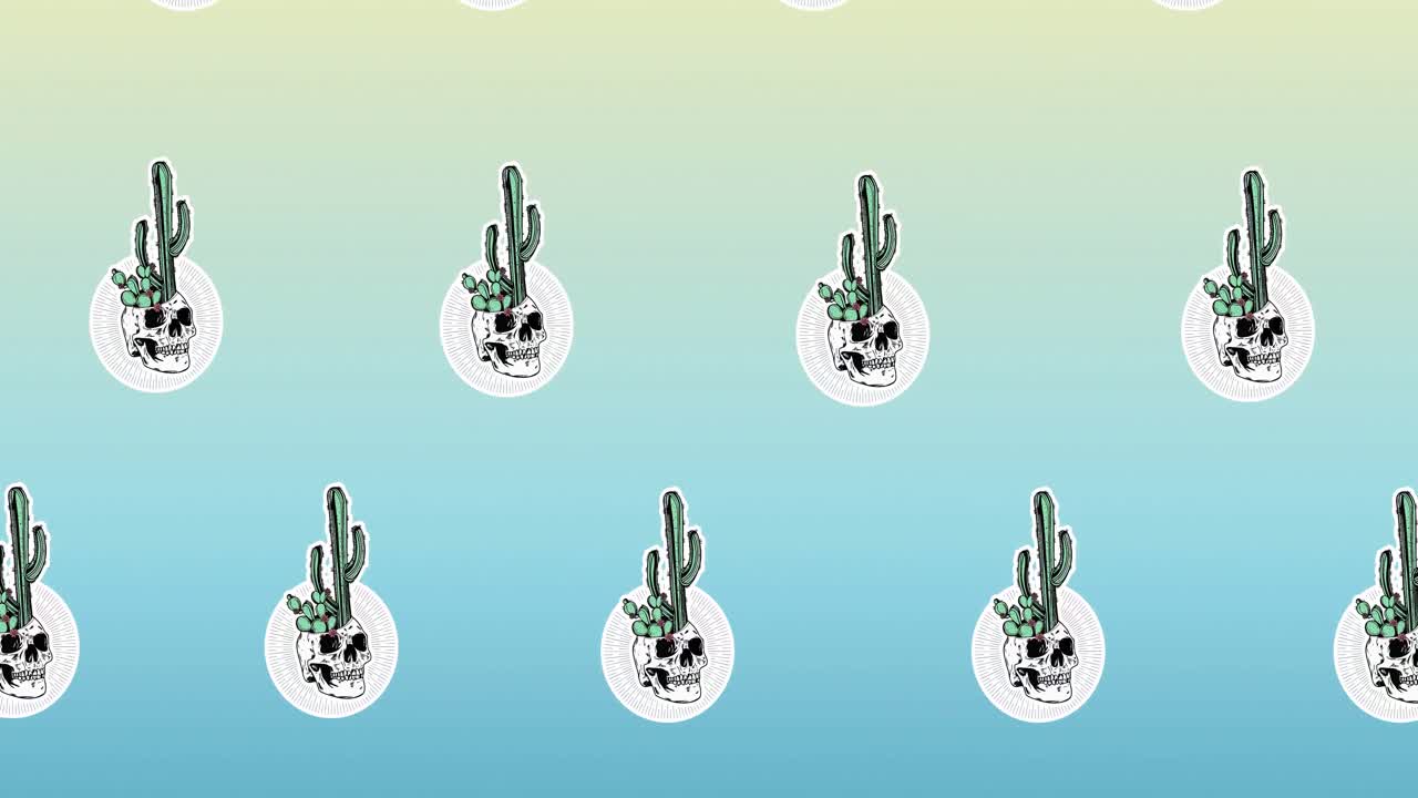 파란색 배경에서 움직이는 두개골과 함께  ⁇ 티의 줄의 구성