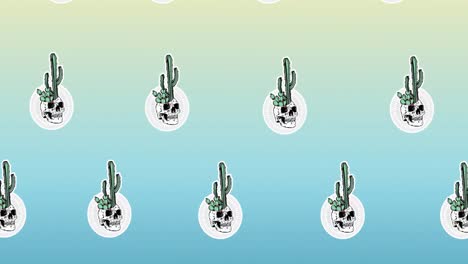 composición de filas de cactus con cráneos que se mueven sobre un fondo azul