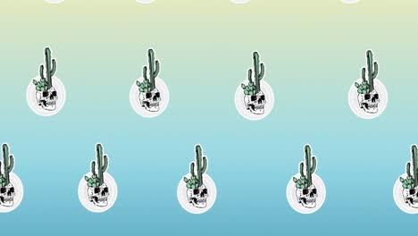 composition of rows of cacti with skulls moving on blue background