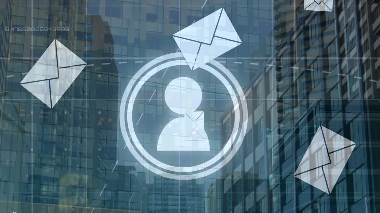 도시 풍경 위의 연결 네트워크와 메시지 아이콘의 애니메이션