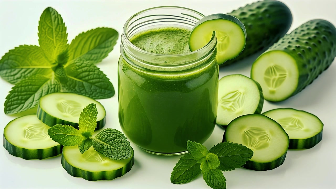 Smoothie verde fresco di cetriolo e menta in un barattolo di vetro