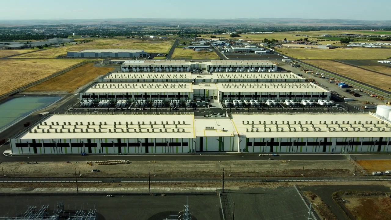 US, Oregon, Hermiston, 2026-05-27 - Drone view of an Amazon Data Center serving AWS on us-west at the Penney Campus, in Summer