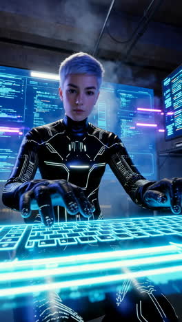 futuristic hacker coding in a cyberpunk digital environment