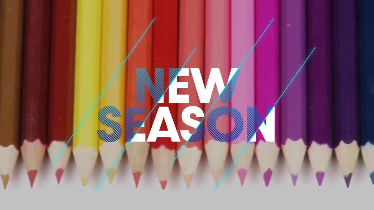 animación de la nueva temporada en texto blanco y azul sobre lápices de colores