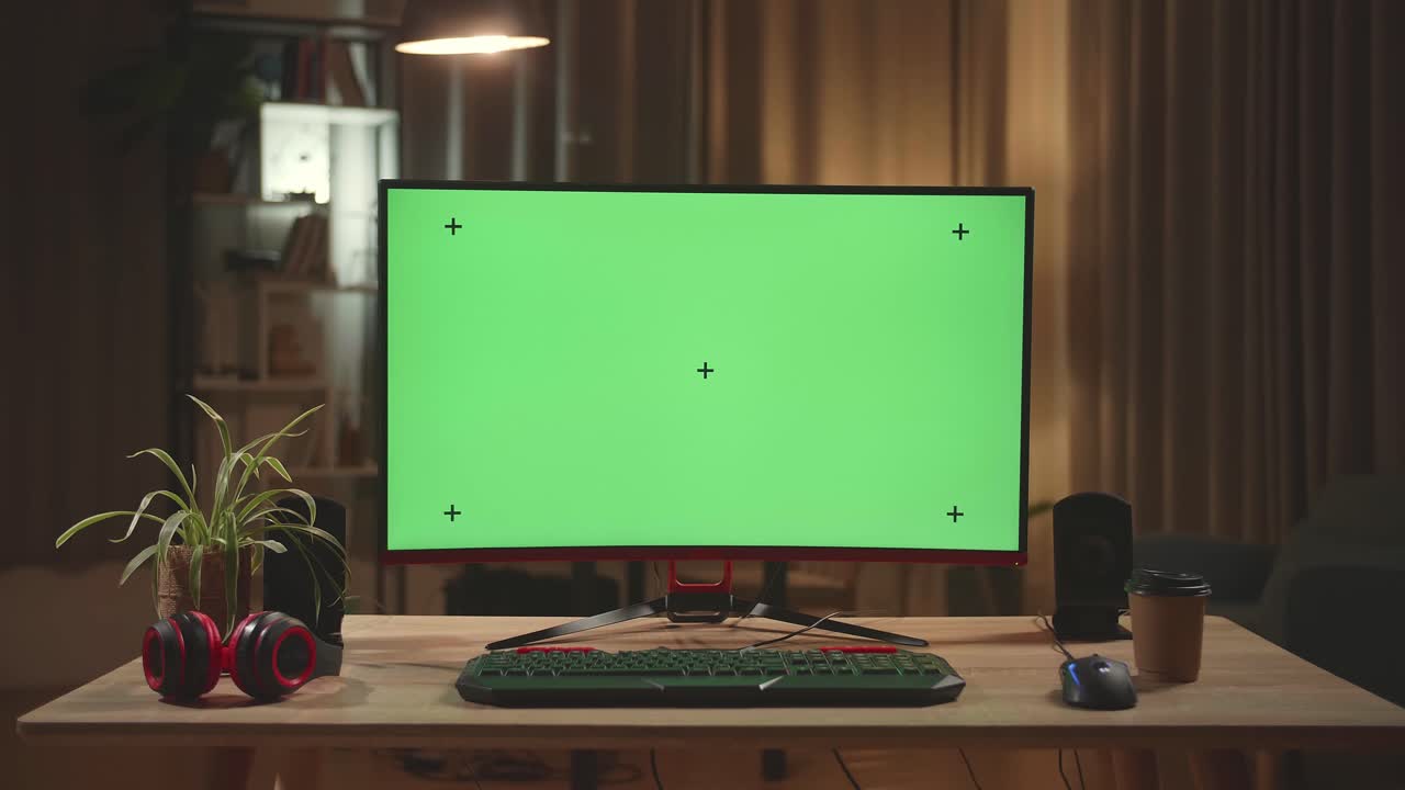 Desk With Mock Up Green Screen On Personal Computer With Big Display At Night