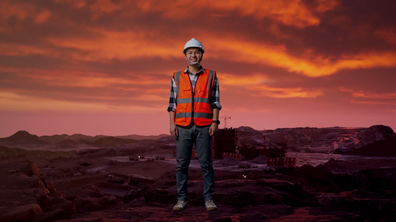 Construction Worker on a Mining Site at Sunset