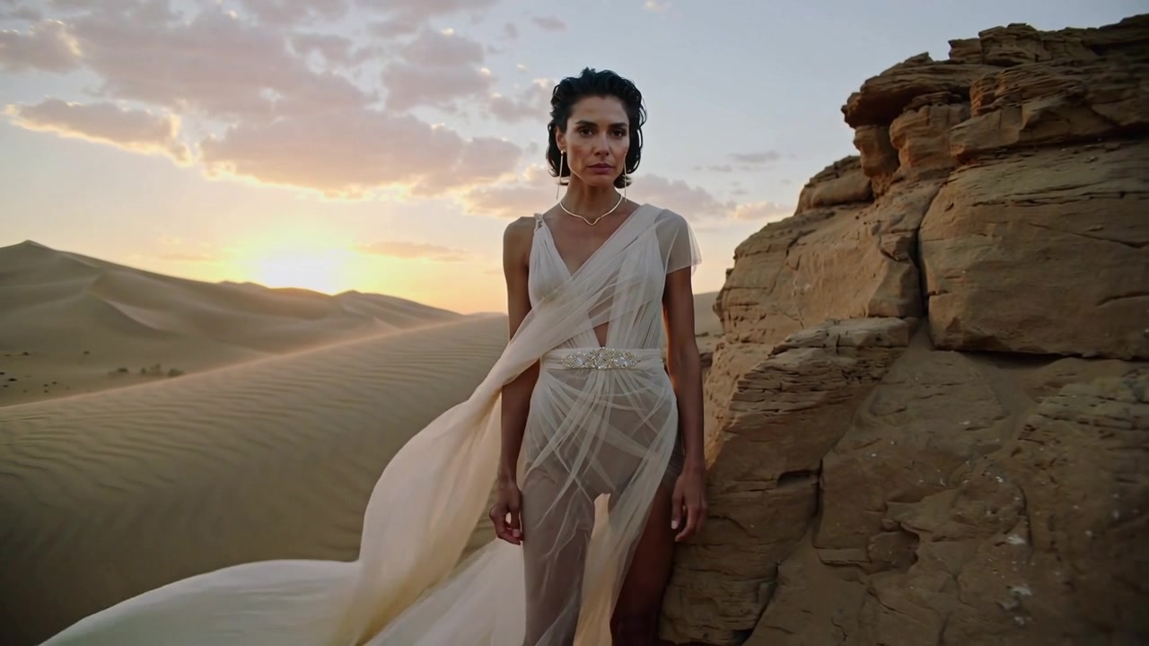 Modella adulta che cammina, si muove mentre il sole cala sulle dune, con lo strascico di chiffon e i gioielli d'oro che brillano.