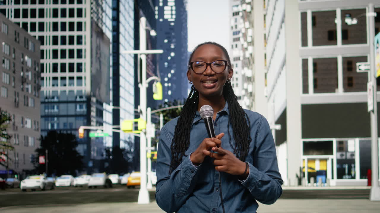 Reporter de terrain tenant un microphone, parlant face à la caméra dans une rue de la ville