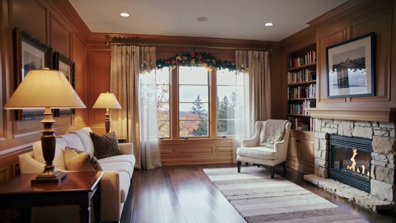 De camera panoreert vanuit een verlichte open haard in de woonkamer en onthult een fauteuil, een raamslinger en boekenplanken.