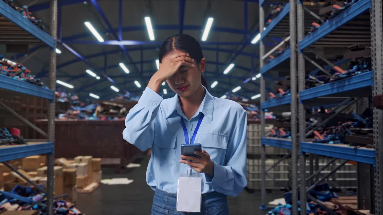 หญิงสาวชาวเอเชียกับสมาร์ทโฟนของเธอ ในโกดังเศษโลหะอุตสาหกรรมและโรงงานรีไซเคิล เธอกำลังพยักหน้าด้วยความผิดหวัง