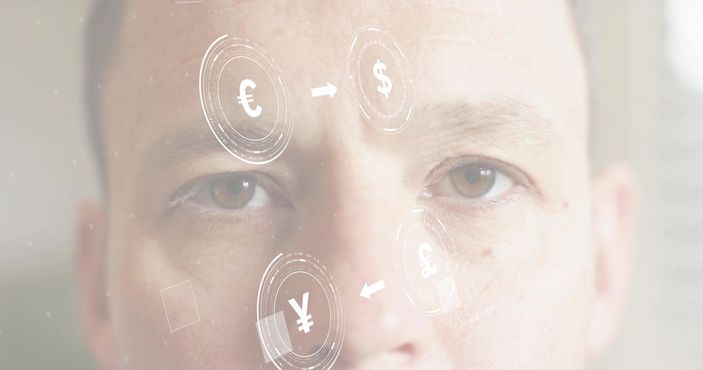 Finance expert blinking and engaging holographic currency interface visualizing exchange flows