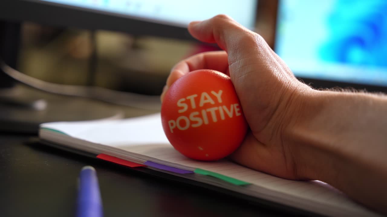 Close-up of hand squeezing orange “Stay Positive” stress ball on desk. Ideal for workplace wellness, focus, stress relief, and mental health themes.