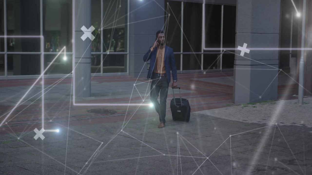 Animation of network of connections over african amercian businessman with suitcase