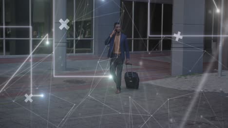 Animation-of-network-of-connections-over-african-amercian-businessman-with-suitcase