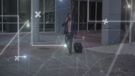 animation of network of connections over african amercian businessman with suitcase