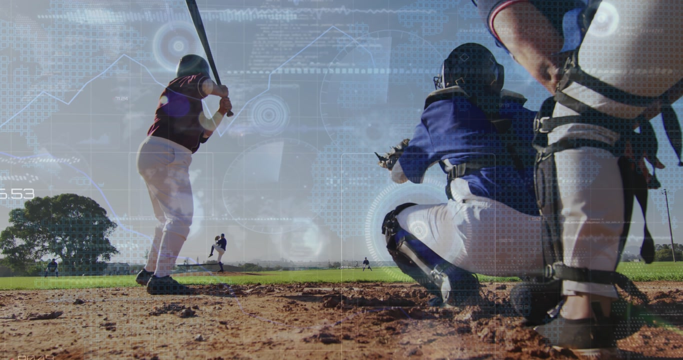 Animation of data processing over caucasian baseball players