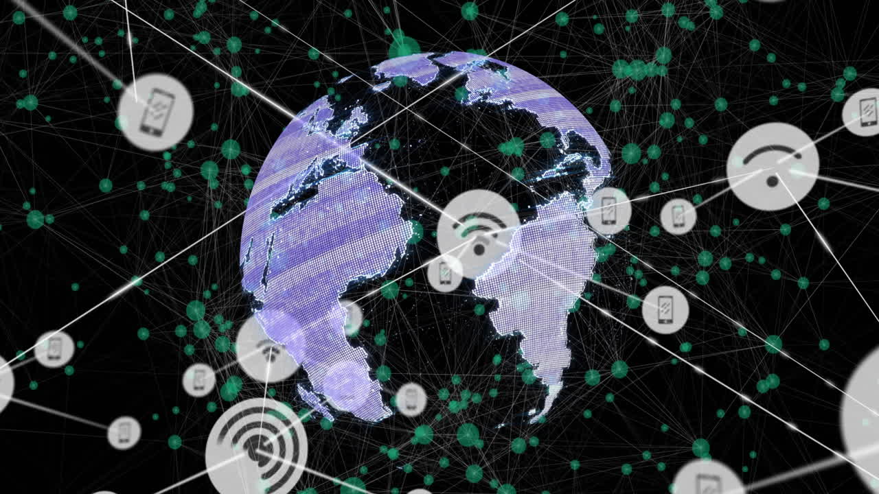 animación de iconos conectados sobre un globo giratorio contra puntos conectados en un fondo negro