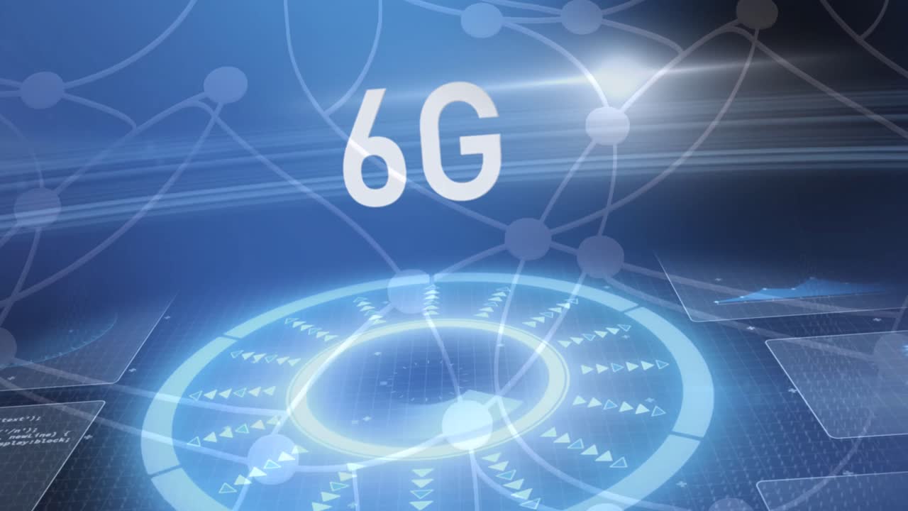 어두운 파란색 배경에 움직이는 범위와 네트워크와 함께 6g 텍스트와 반 ⁇ 이는 인터페이스의 애니메이션