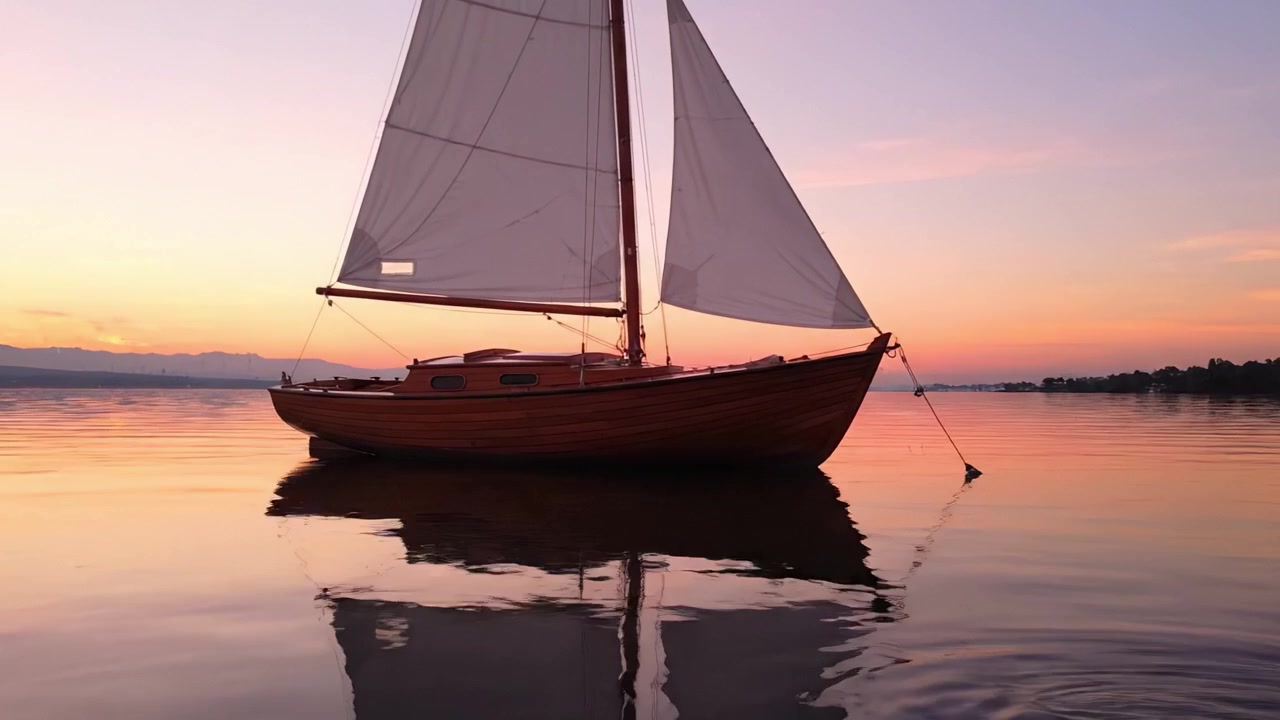 Un Tramonto Sereno su Acque Calme: Una Bellissima Barca a Vela Ancorata con Grazia Mentre il Sole Tramonta Sotto l'Orizzonte, Illuminando il Cielo con Colori Mozzafiato