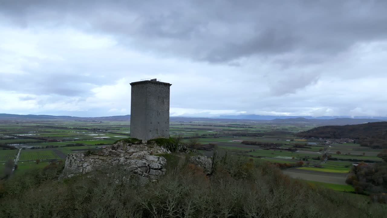 castle-tower &amp;quot;da pena&amp;quot; located in xinzo de limia, ourense, spain, aerial rise reveal