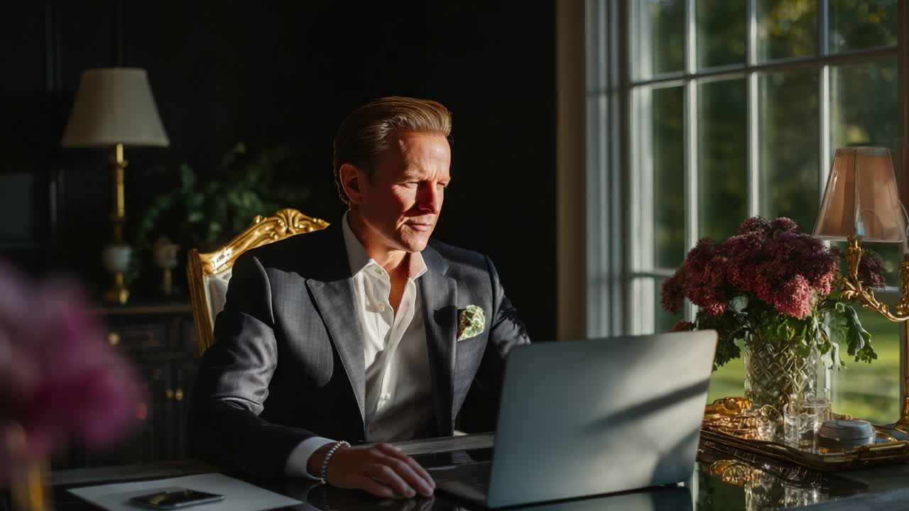 A Confident Businessman in a Classy Office Setting: Illuminated by Natural Light, Engaged in Work at His Elegant Desk with Beautiful Flowers and a Tasteful Decor, Capturing a Moment of Focus and Determination