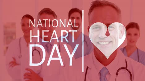 Animation-of-national-heart-day-text-over-happy-caucasian-doctors