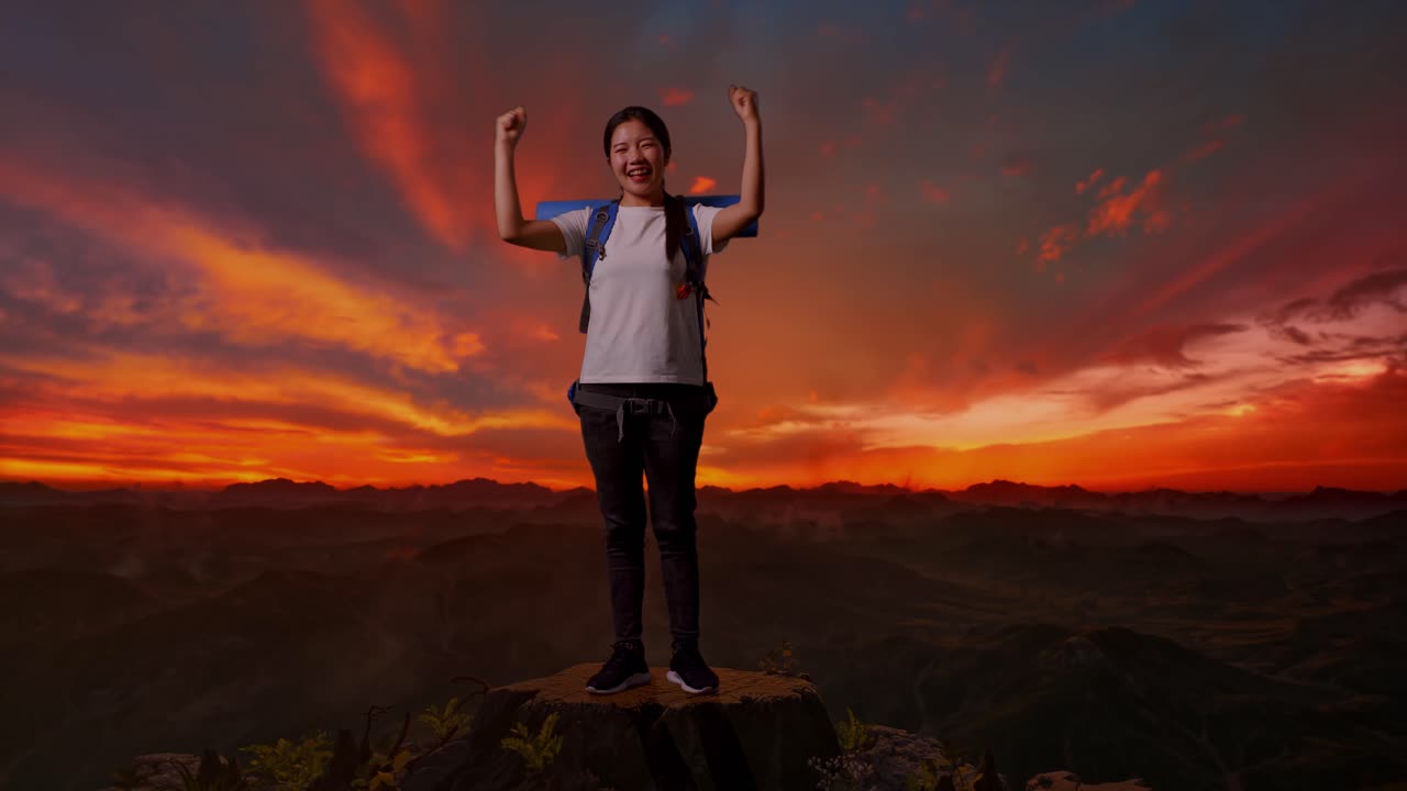 해가 지는 산꼭대기 에서 행복 한 산책자