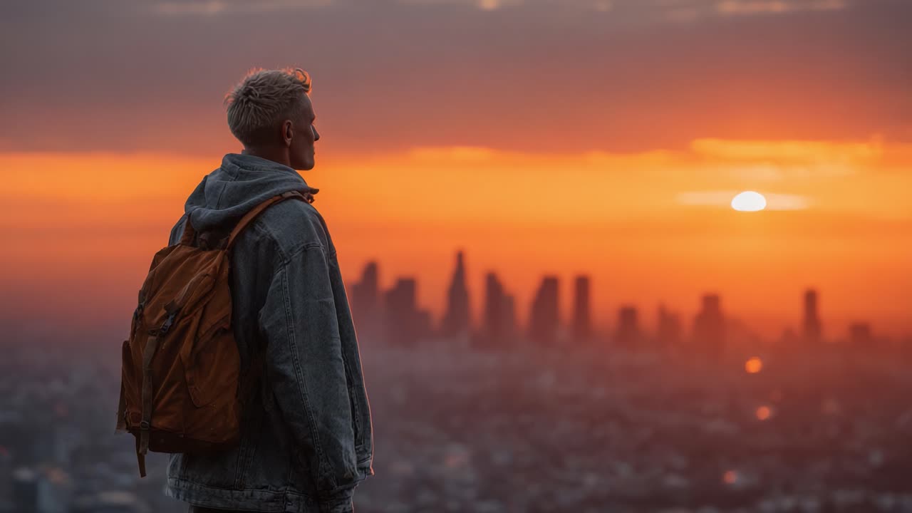 Un giovane viaggiatore con una giacca di jeans ammira un tramonto mozzafiato su un paesaggio urbano dinamico, catturando il momento perfetto di riflessione e meraviglia