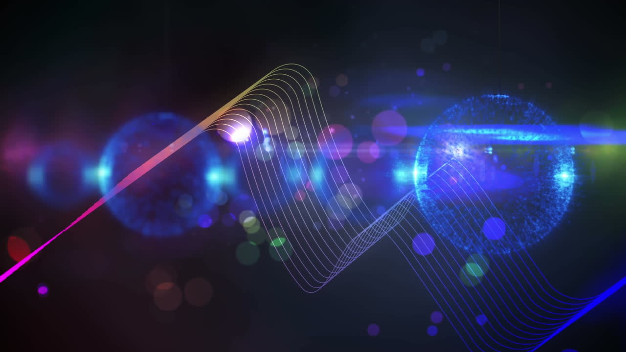 디지털 파동과 파란색 배경의 빛의 반점에 대해 여러 개의 파란색 구슬