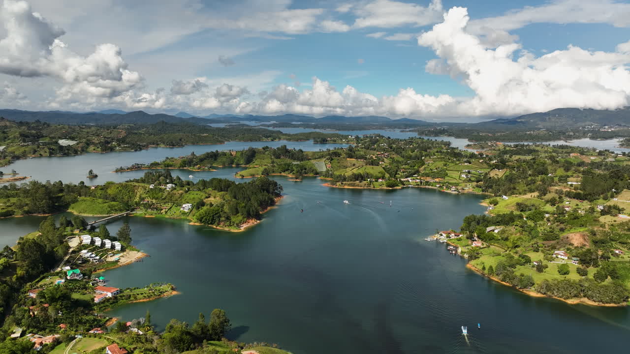 Aerial view of boats on the Pe&ntilde;ol-Guatap&eacute; Reservoir lake in Antioquia, Colombia