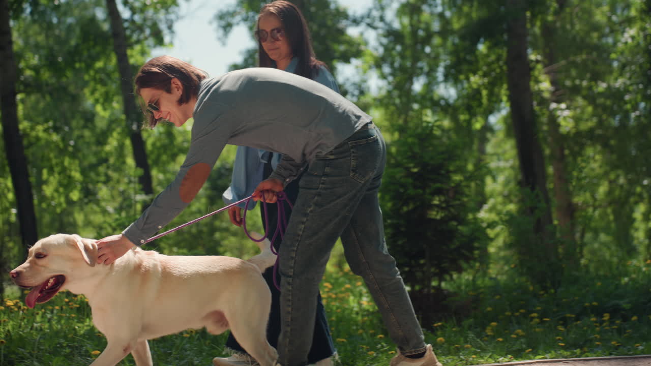 다정한 커플이 밖에서 래브라도를 쓰다듬고, 두 사람이 잎이 무성한 나무 아래에서 래브라도를 따뜻하게 쓰다듬으며, 사랑스러운 커플이 평화로운 야외 환경에서 래브라도와 부드럽게 교감하고 있어요.