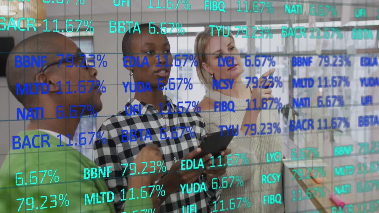 Animation of financial data over diverse coworkers talking in office