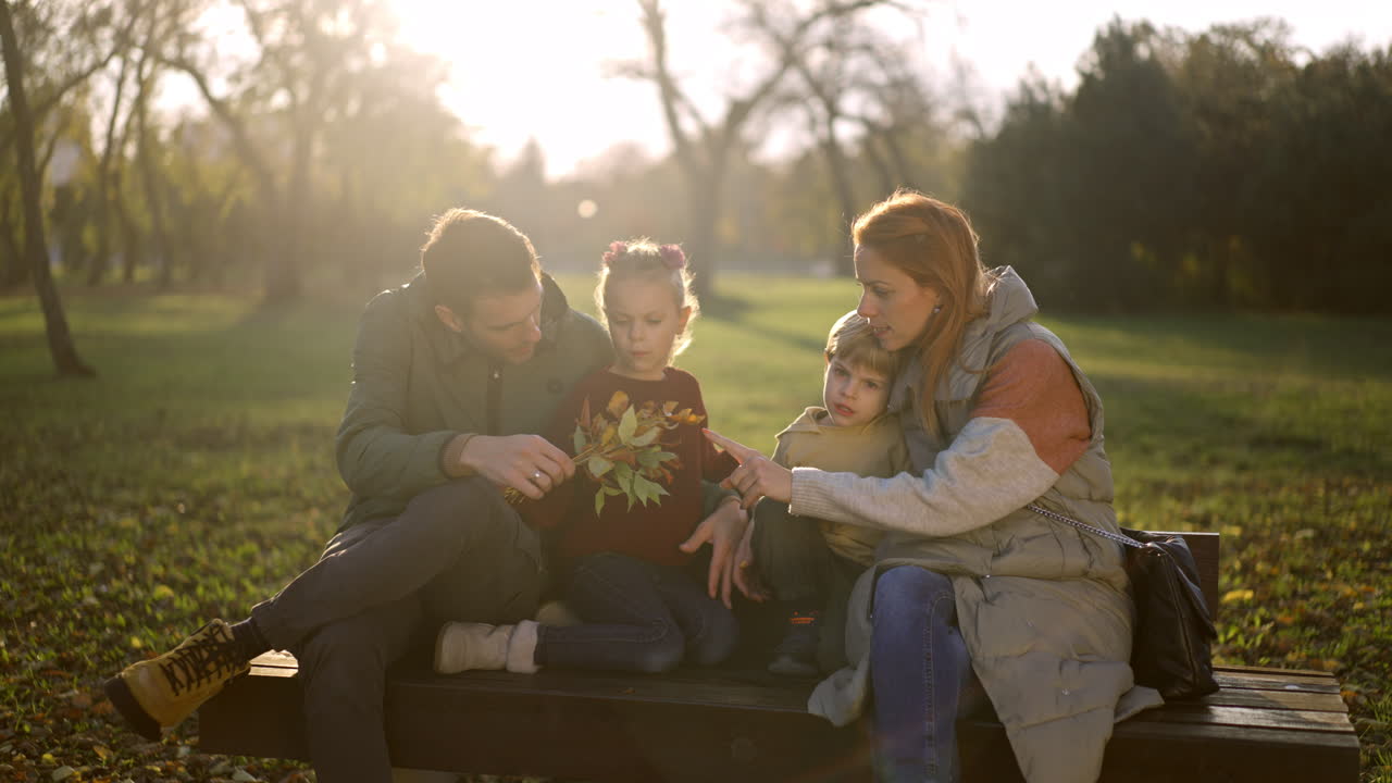 семья сидит на скамейке в парке