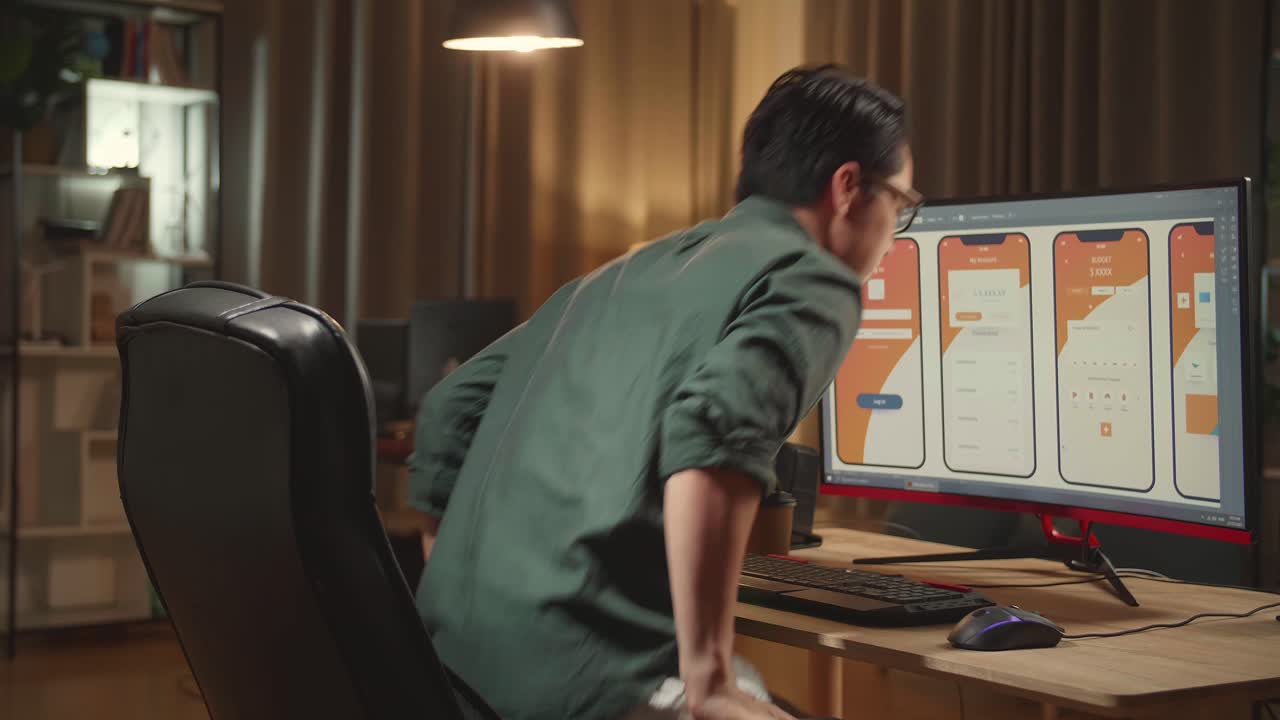 Asian Male Mobile Application Developer Start Works With Graphics On His Personal Computer. He Works Late At Night