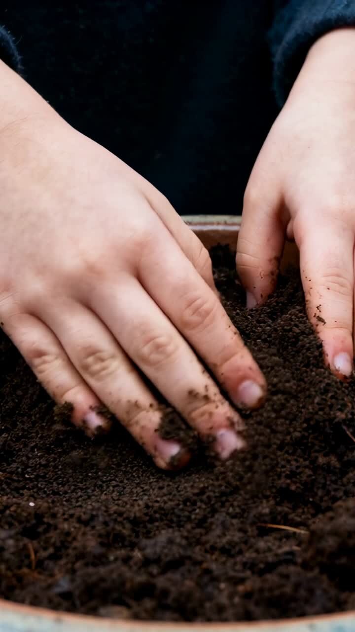 Video verticale: Mani di bambino che mettono nel vaso, allentano, levigano, premono e scavano il terreno per la semina.