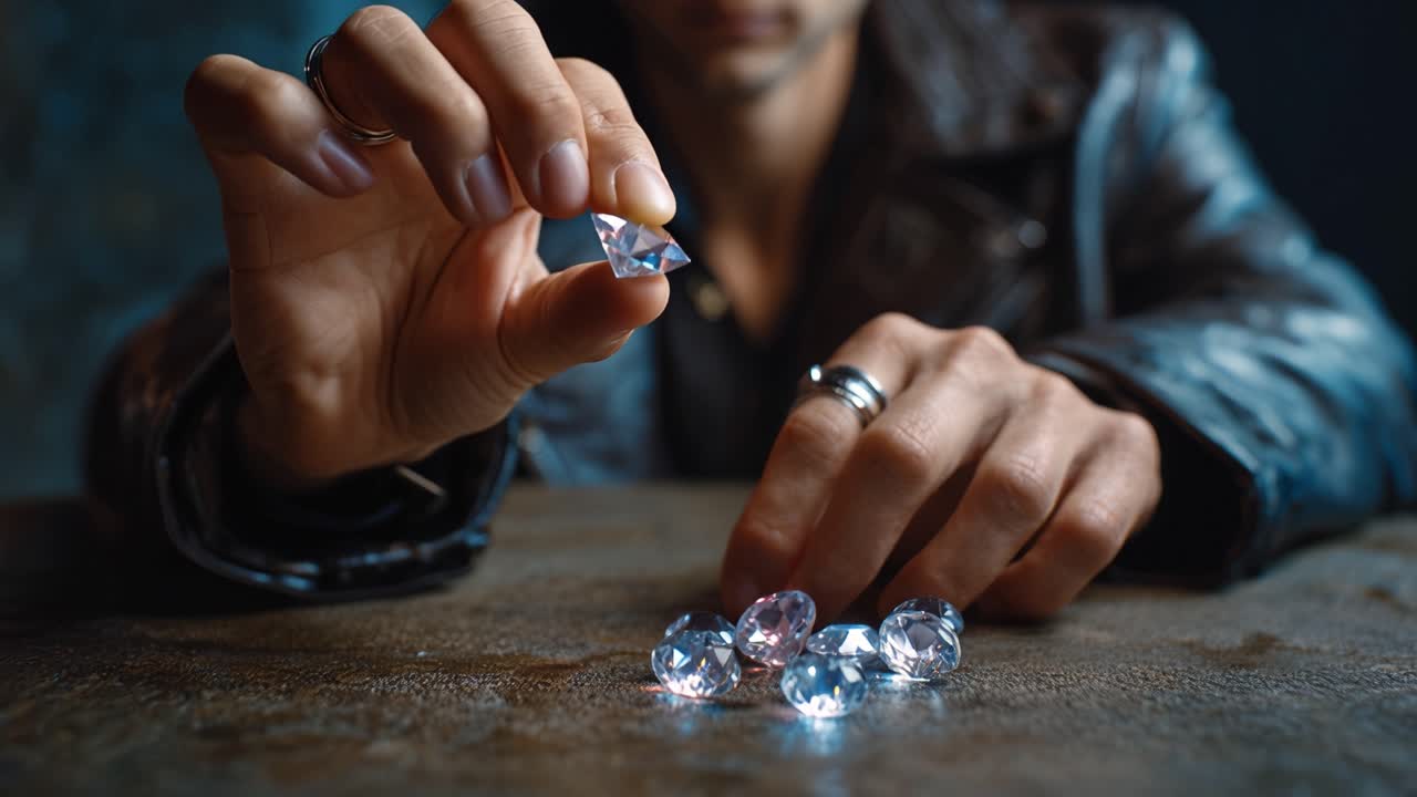 Man's Hands Examining a Sparkling Diamond Gemstone