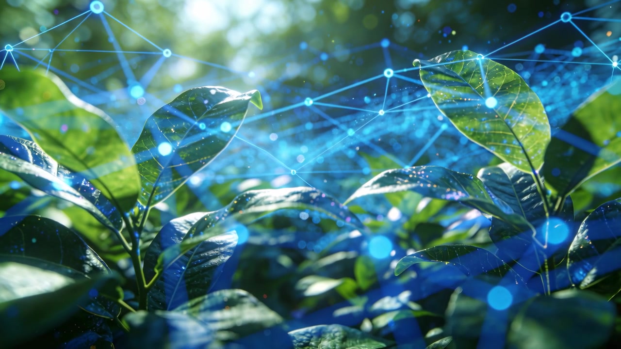 Showing glossy green leaves at ground level as sunlight initiating pulsing blue mesh overlay, dew