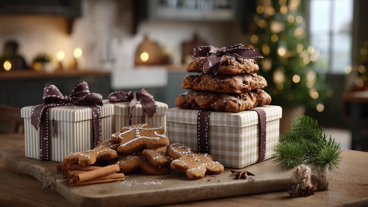Eine herrliche Präsentation festlicher Leckereien: Lebkuchen und Schokoladenkekse, die aus wunderschön verpackten Geschenken in einer gemütlichen Weihnachtsumgebung quellen