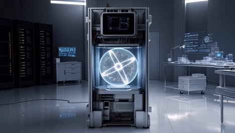 futuristic laboratory with advanced computing or quantum system