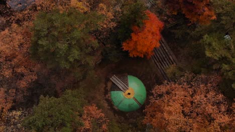 Drone-Aéreo-Abstracto-Mirando-Hacia-Abajo-Dentro-Del-Bosque-De-Colores-Otoñales-Con-Un-Hombre-Parado-En-La-Plataforma