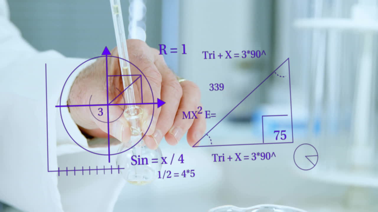 animación del procesamiento de datos científicos sobre una científica caucásica en el laboratorio
