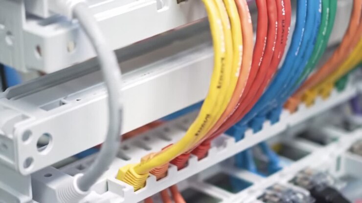 Close-Up of Colorful Ethernet Cables Connected in a Network Switch, Showcasing Cable Organization and Data Connectivity Essentials