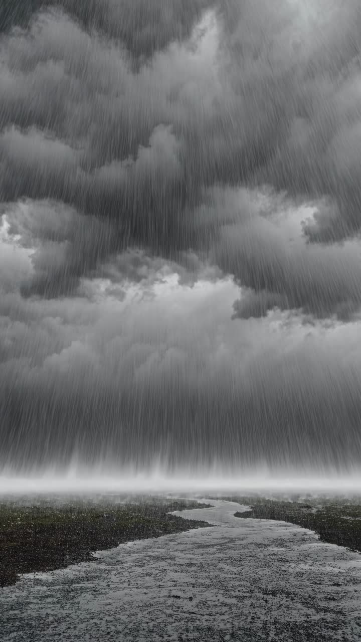 Dramatic low-angle video concept of a stormy landscape, capturing heavy rain and dark clouds