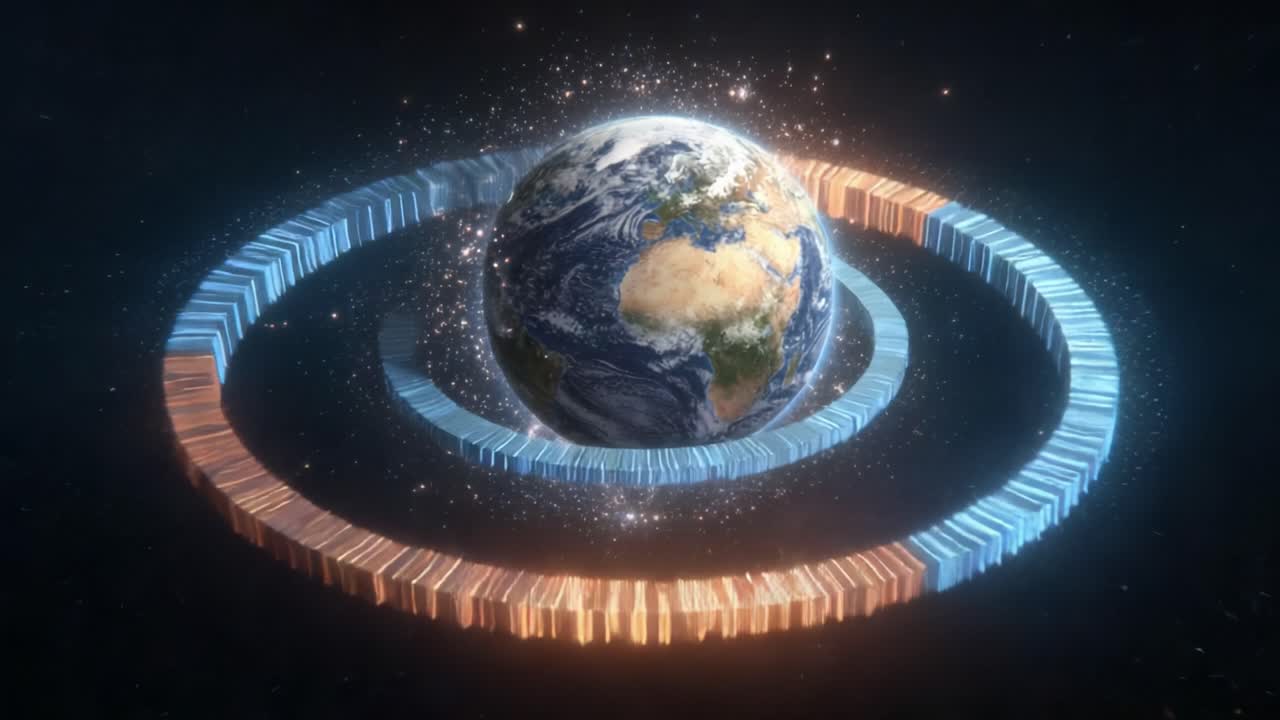 Animated planet Earth slowly rotating in the vastness of space, encircled by two futuristic glowing rings, one blue and one orange, representing digital data, information, and global connectivity